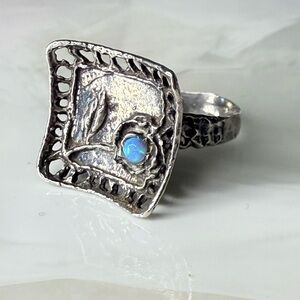 Artisan Sterling Silver Blue Opal Flower Ring Hand Hammered Size 7.5